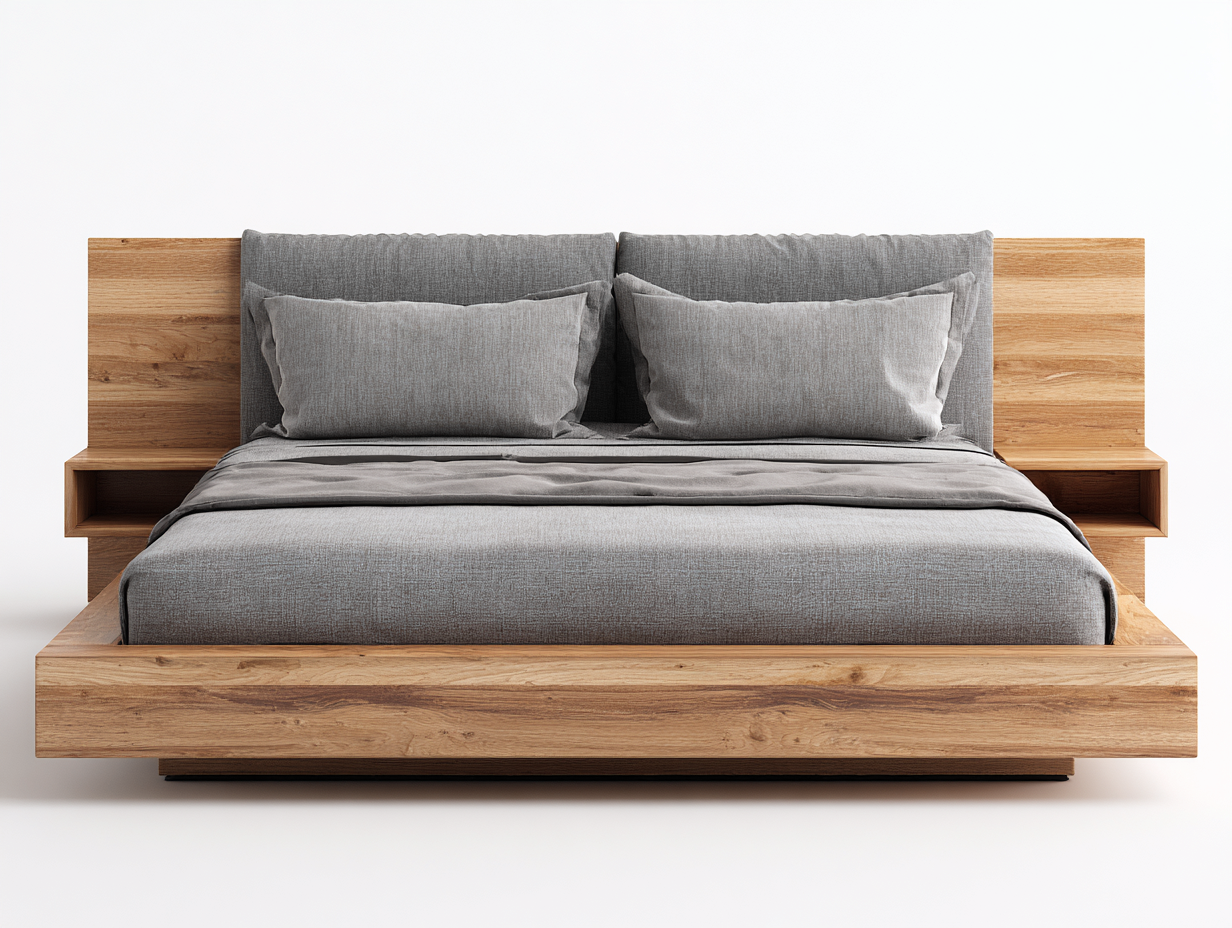 Camas dobles madera con cabecero integrado 210x170x95 cm - color gris y madera - diseño moderno con estantes para dormitorio-Codornahome