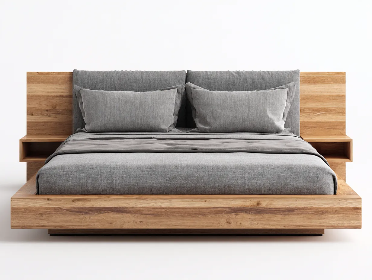 Camas dobles madera con cabecero integrado 210x170x95 cm - color gris y madera - diseño moderno con estantes para dormitorio-Codornahome