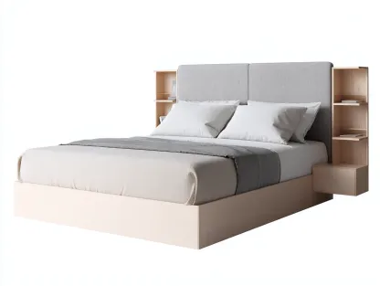 Camas dobles de madera 200x160x100 cm - marrón-gris - con cabecero tapizado y estantes - diseño moderno-Codornahome