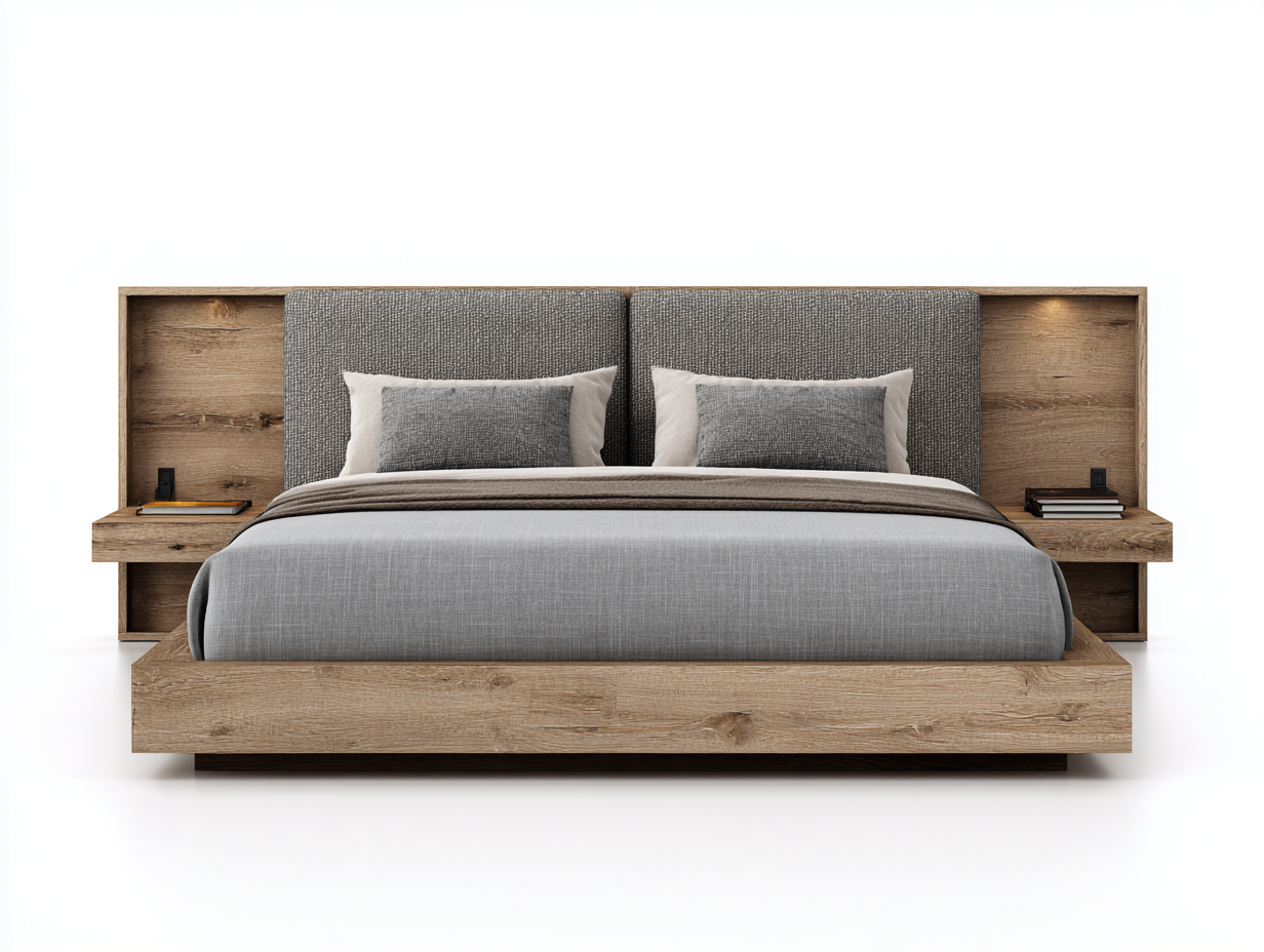 Camas dobles de madera 200x180x100 cm - color natural-gris - cabecero tapizado - diseño moderno para dormitorio-Codornahome