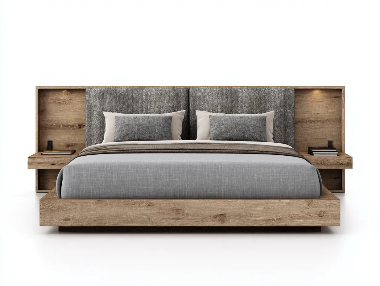 Camas dobles de madera 200x180x100 cm - color natural-gris - cabecero tapizado - diseño moderno para dormitorio-Codornahome