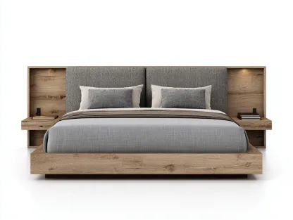 Camas dobles de madera 200x180x100 cm - color natural-gris - cabecero tapizado - diseño moderno para dormitorio-Codornahome