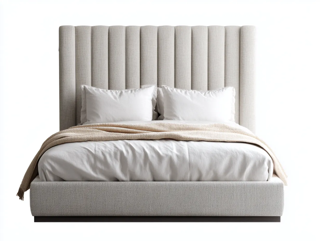 Camas dobles tela 200x160x110 cm color beige diseño moderno con cabecero acolchado vertical-Codornahome