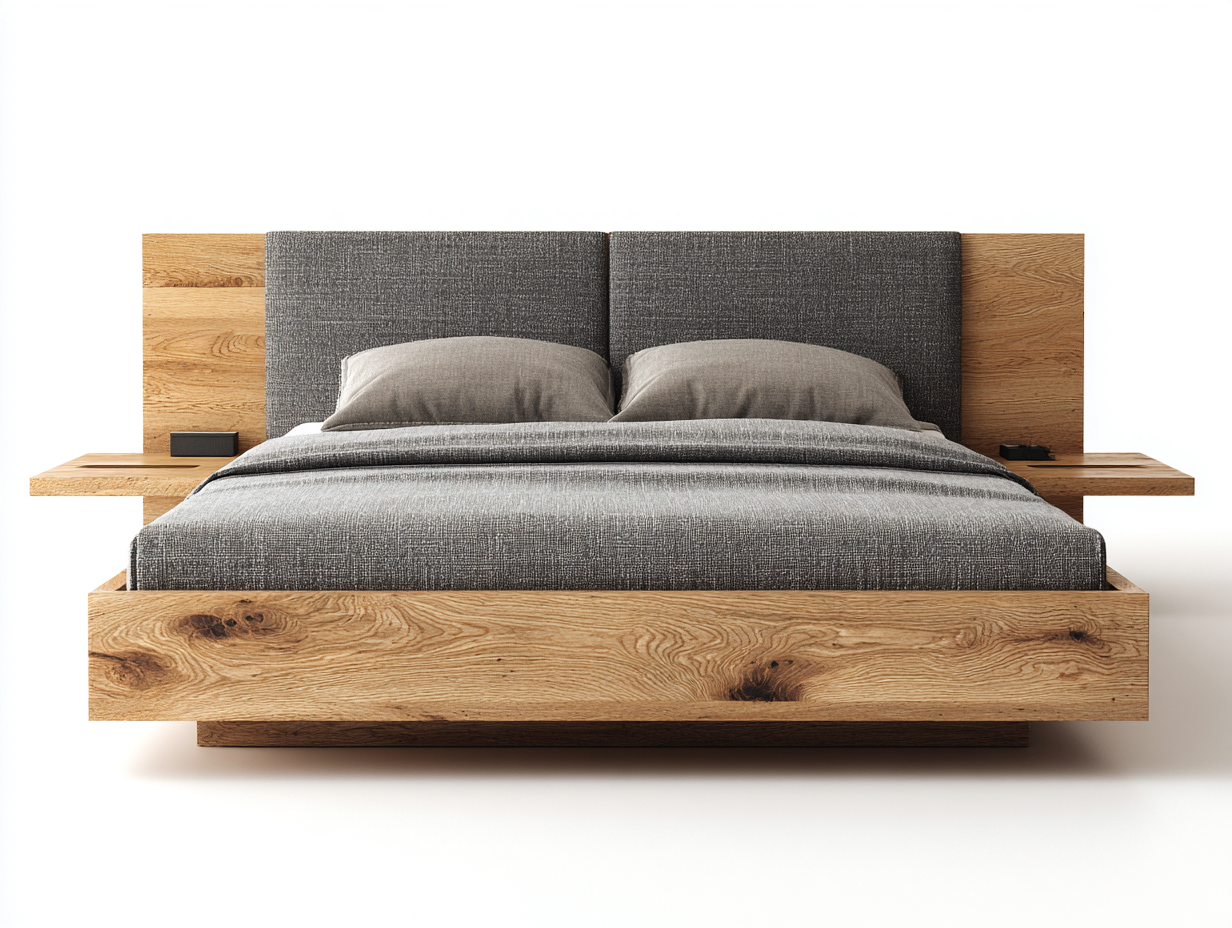 Camas dobles de madera 200x160x100 cm - color natural-gris - cabecero tapizado - diseño moderno para dormitorio-Codornahome