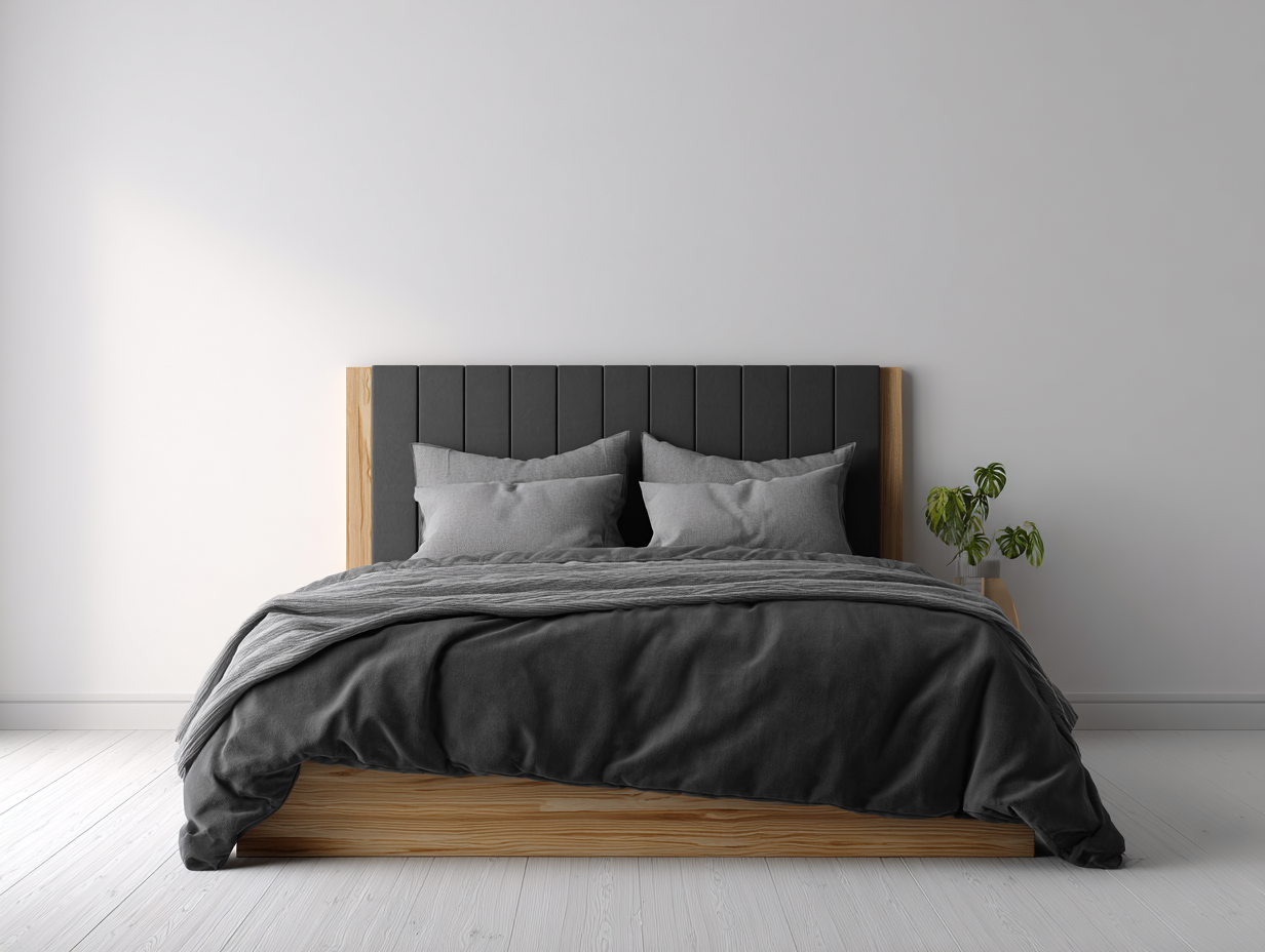 Camas dobles madera y tela 200x160x100 cm - color negro y madera - diseño moderno para dormitorio con cabecero acolchado-Codornahome