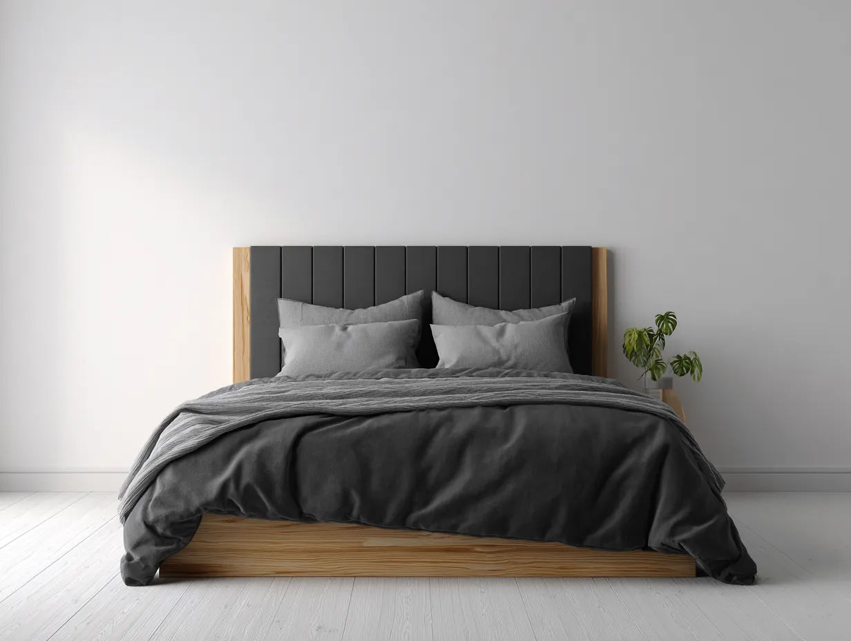 Camas dobles madera y tela 200x160x100 cm - color negro y madera - diseño moderno para dormitorio con cabecero acolchado-Codornahome