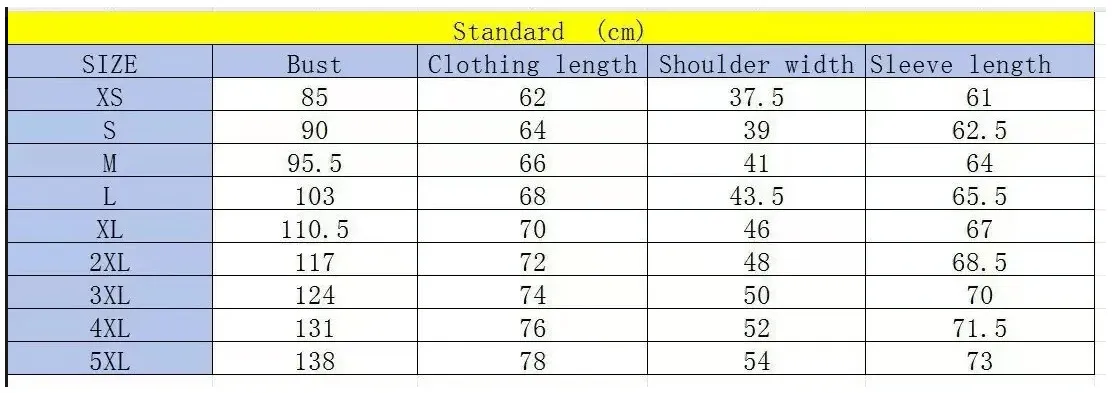 Windbreaker Jacket size chart