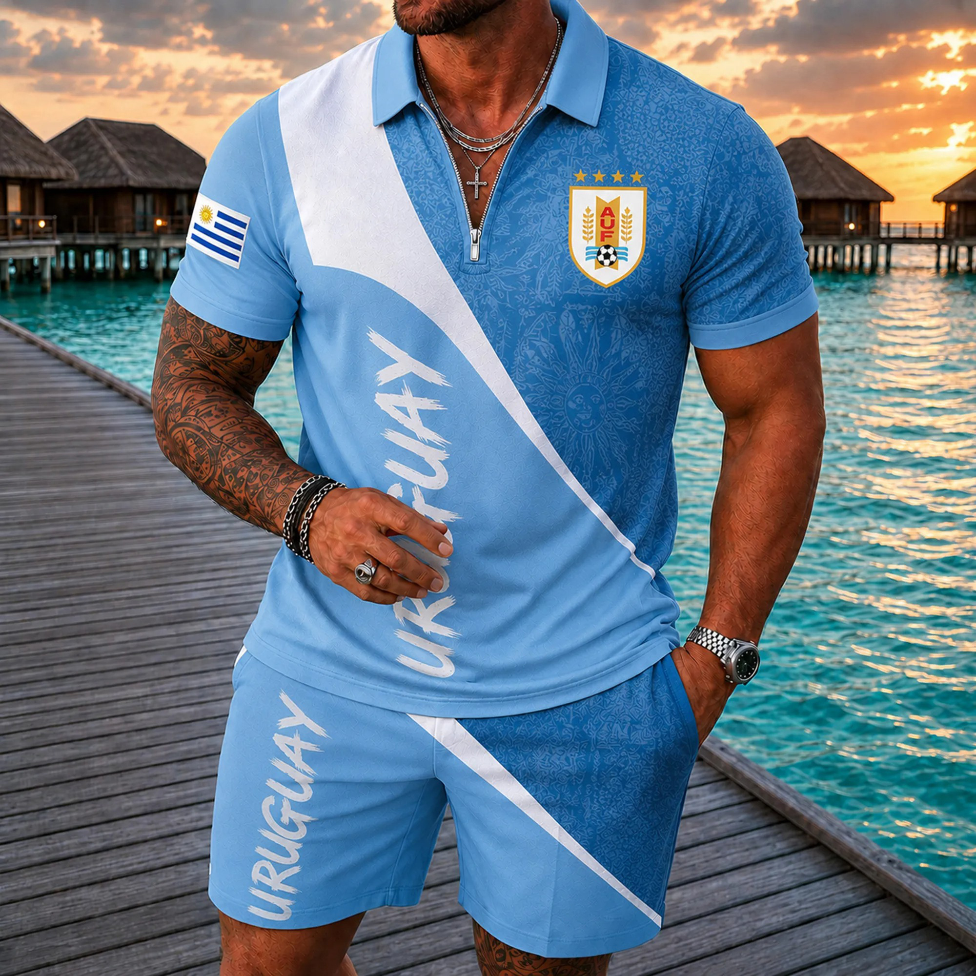 Uruguay World Cup Fan Summer Zipper Polo & Shorts Set