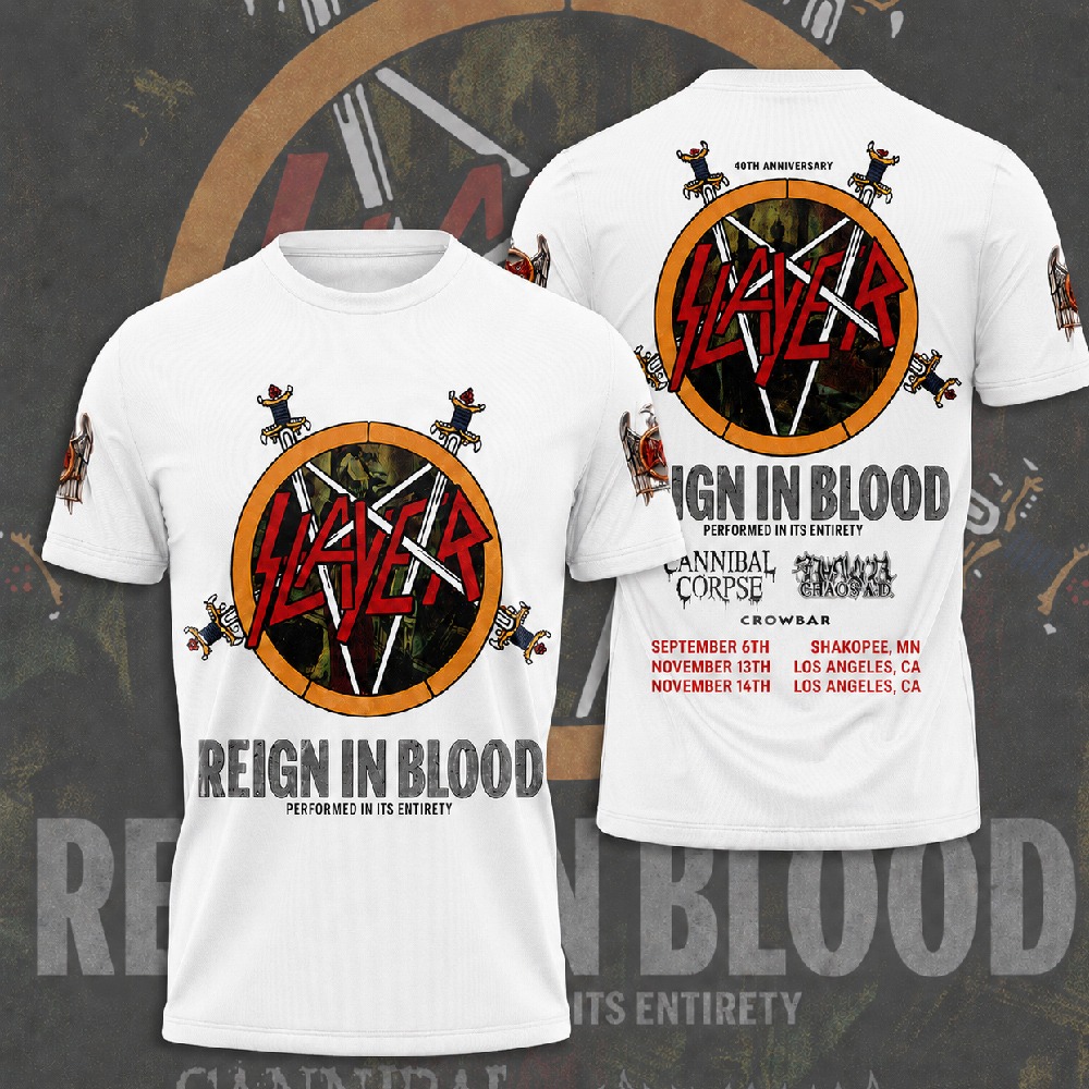 Slayer 40th Anniversary Reign In Blood 2026 3D Apparel T-shirt 