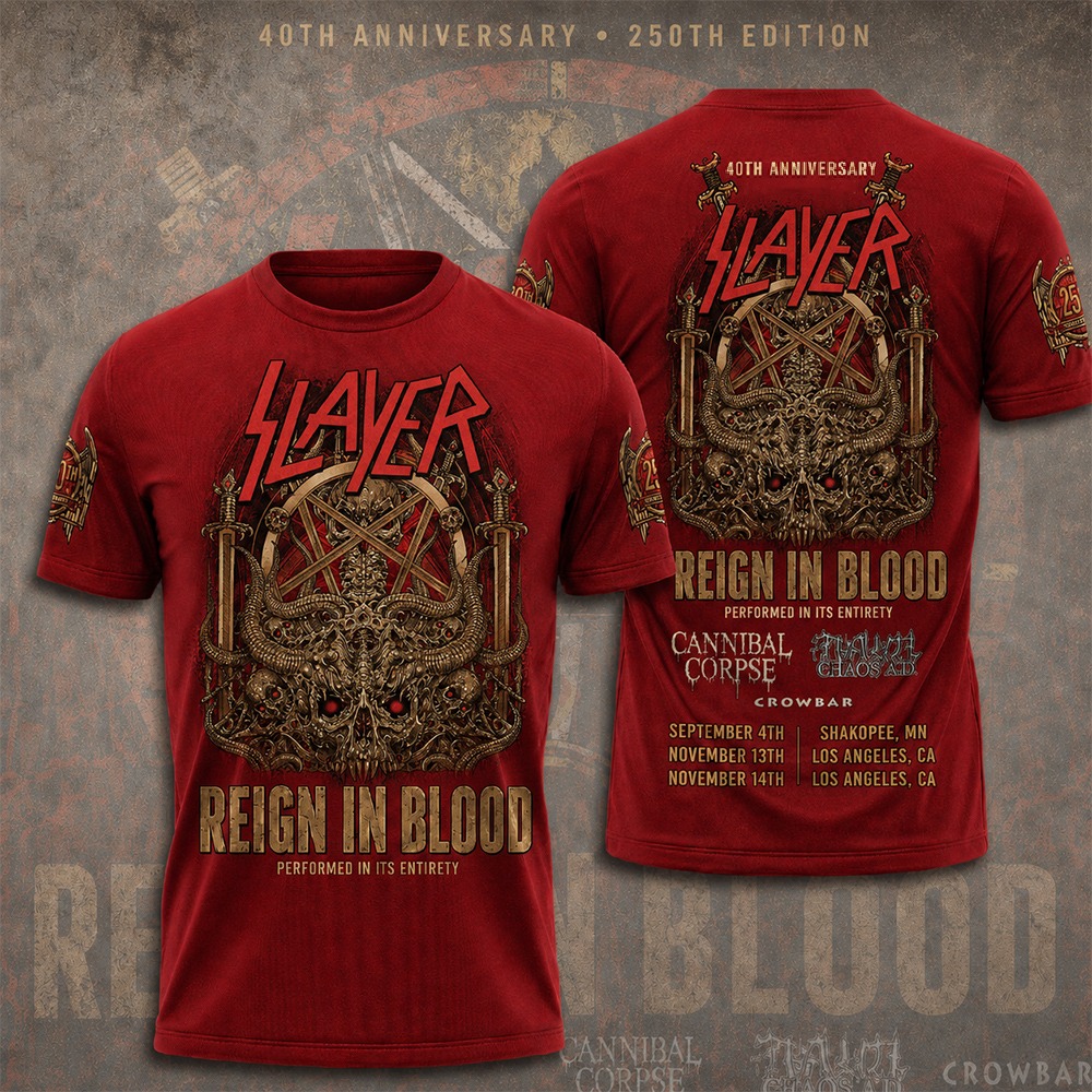 Slayer 40th Anniversary Reign In Blood 2026 3D Apparel T-shirt 