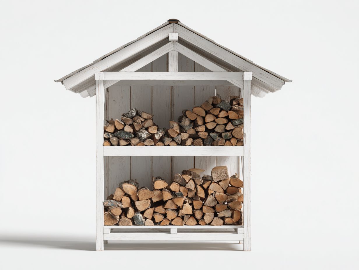Leñero de jardín de madera 120x60x150 cm - blanco - diseño clásico con techo inclinado-Kasarainterior