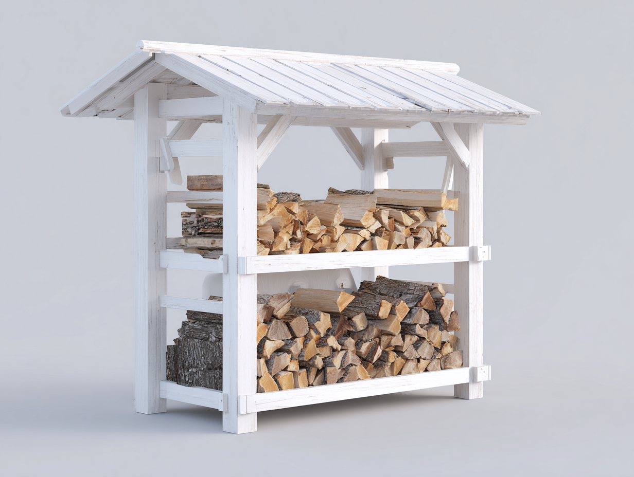 Leñero de jardín madera 120x60x140 cm blanco con techo almacenamiento exterior estilo rústico-Kasarainterior