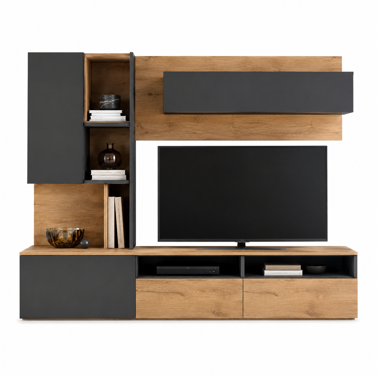 Asymmetrische TV Wand Eiche Graphit mit offenen Nischen 220 cm-Furnologyhome