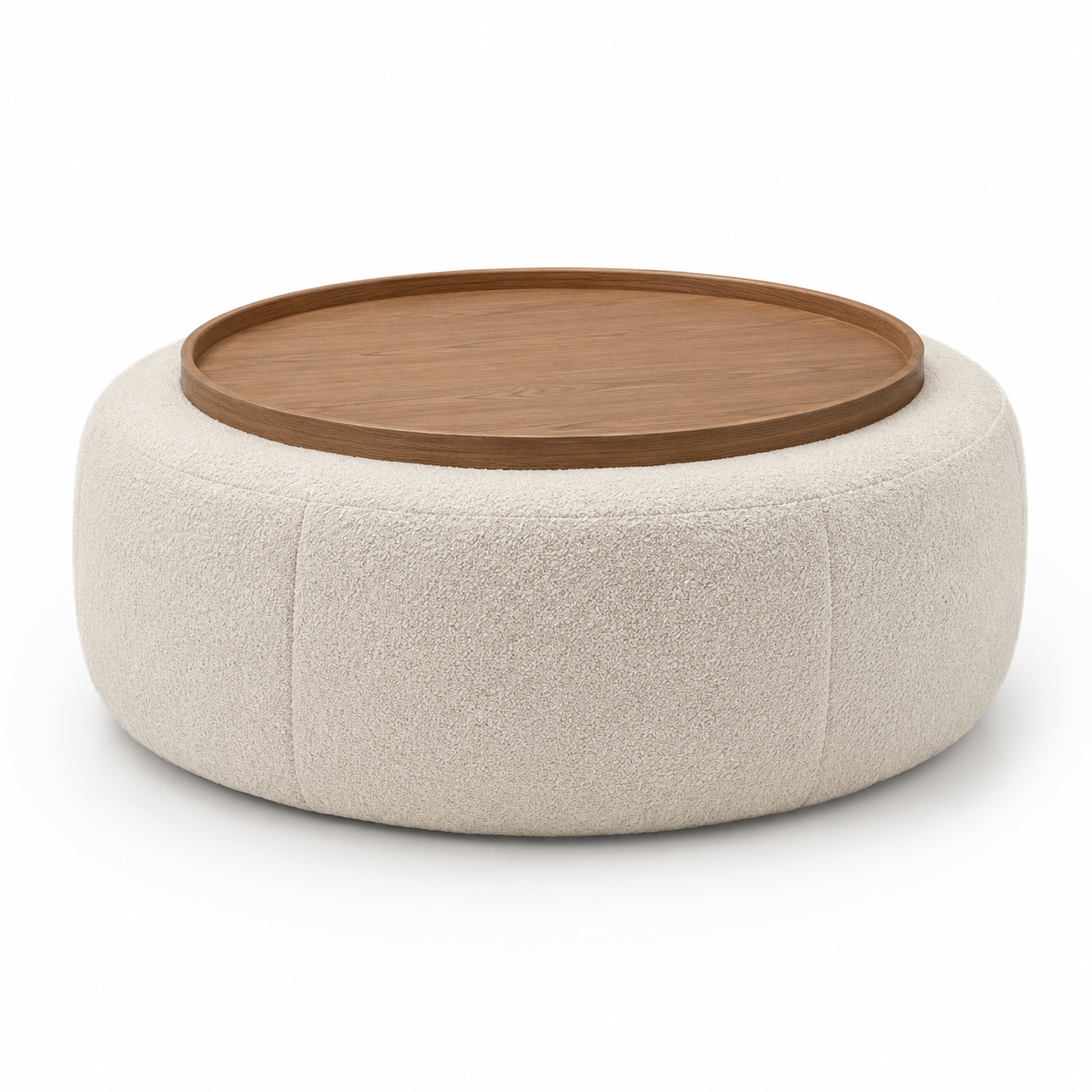Runde Pouf Insel Bouclé Elfenbein mit Tablett 120 cm-Furnologyhome
