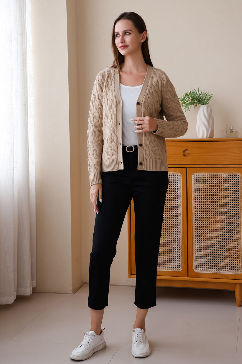 Inis Aran Carla Cardigan – Premium V-neck button-down cardigan featuring intricate high-definition cable work in RWS extra fine merino wool.