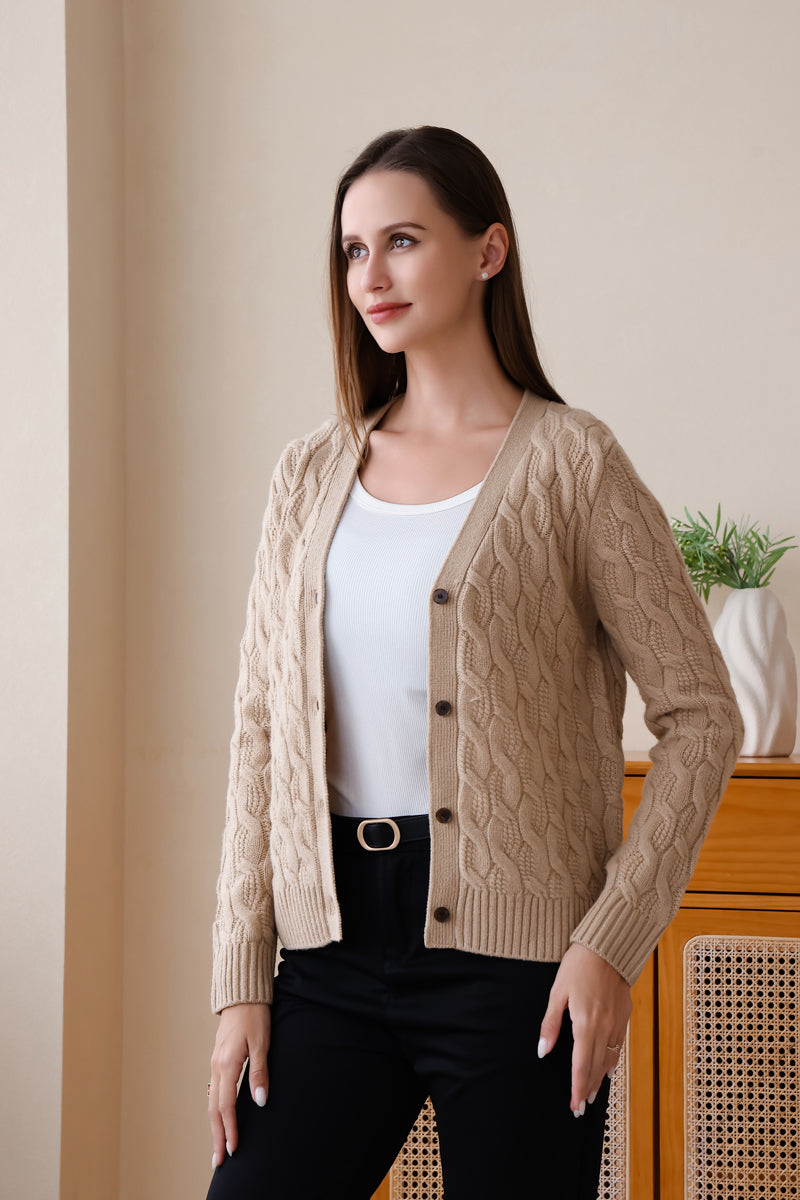 Inis Aran Carla Cardigan – Premium V-neck button-down cardigan featuring intricate high-definition cable work in RWS extra fine merino wool.