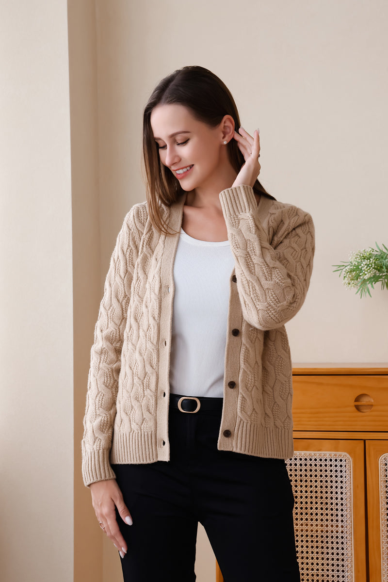Inis Aran Carla Cardigan – Premium V-neck button-down cardigan featuring intricate high-definition cable work in RWS extra fine merino wool.