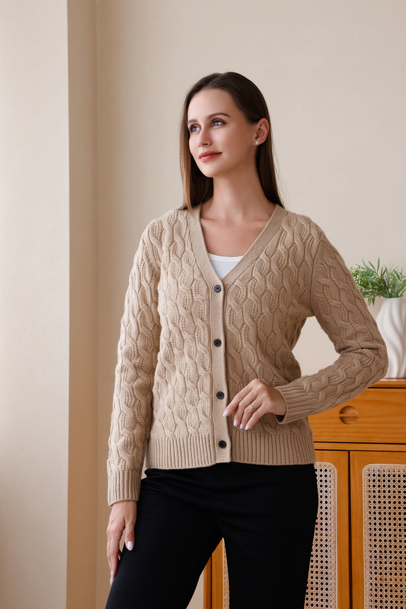 Inis Aran Carla Cardigan – Premium V-neck button-down cardigan featuring intricate high-definition cable work in RWS extra fine merino wool.