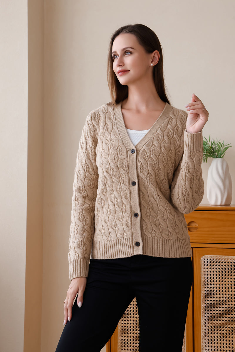 Inis Aran Carla Cardigan – Premium V-neck button-down cardigan featuring intricate high-definition cable work in RWS extra fine merino wool.