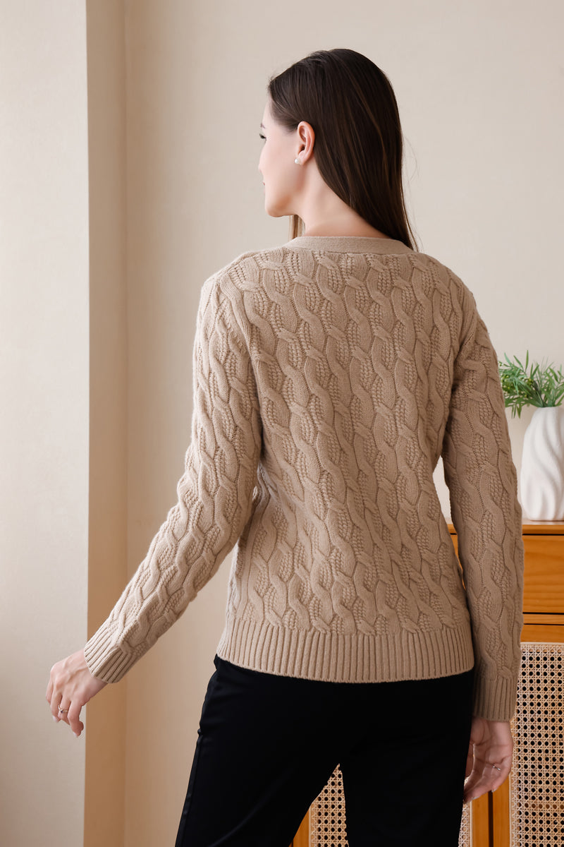 Inis Aran Carla Cardigan – Premium V-neck button-down cardigan featuring intricate high-definition cable work in RWS extra fine merino wool.