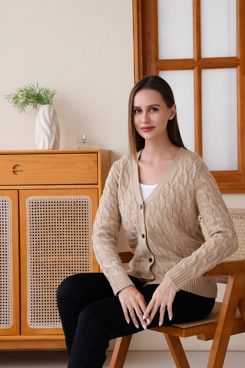 Inis Aran Carla Cardigan – Premium V-neck button-down cardigan featuring intricate high-definition cable work in RWS extra fine merino wool.