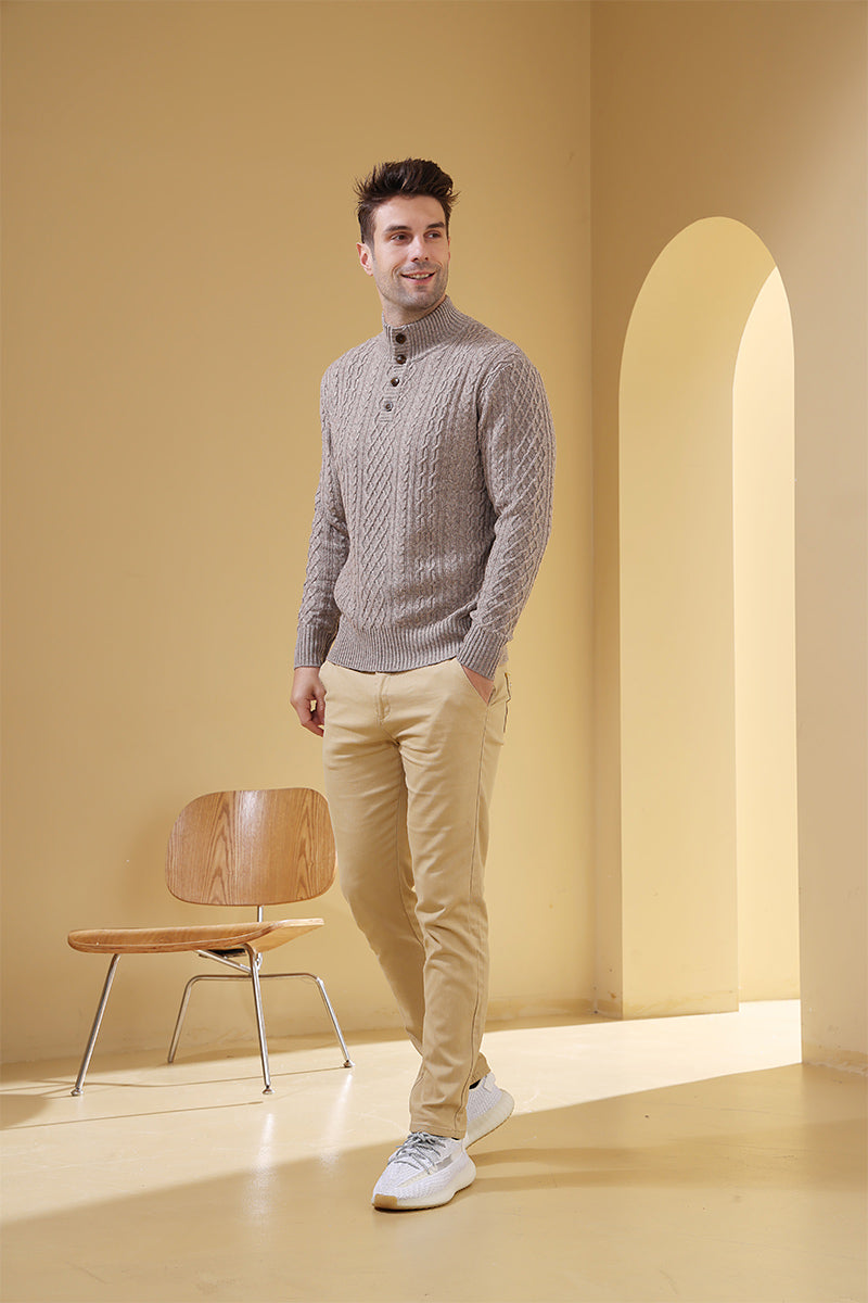 Luxury Mens Aran Knit Button Sweater Made with cashmere by Inis Aran Ireland#color_rice-flower