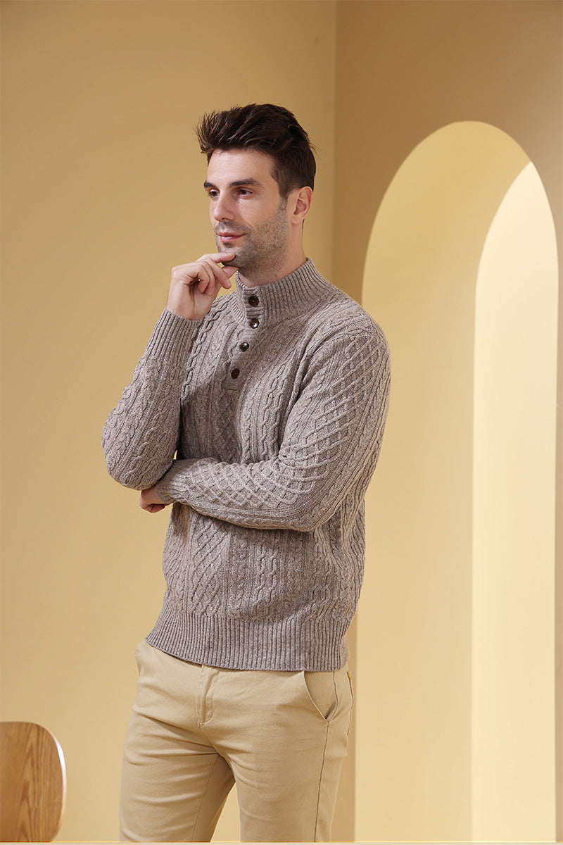 Luxury Mens Aran Knit Button Sweater Made with cashmere by Inis Aran Ireland#color_rice-flower