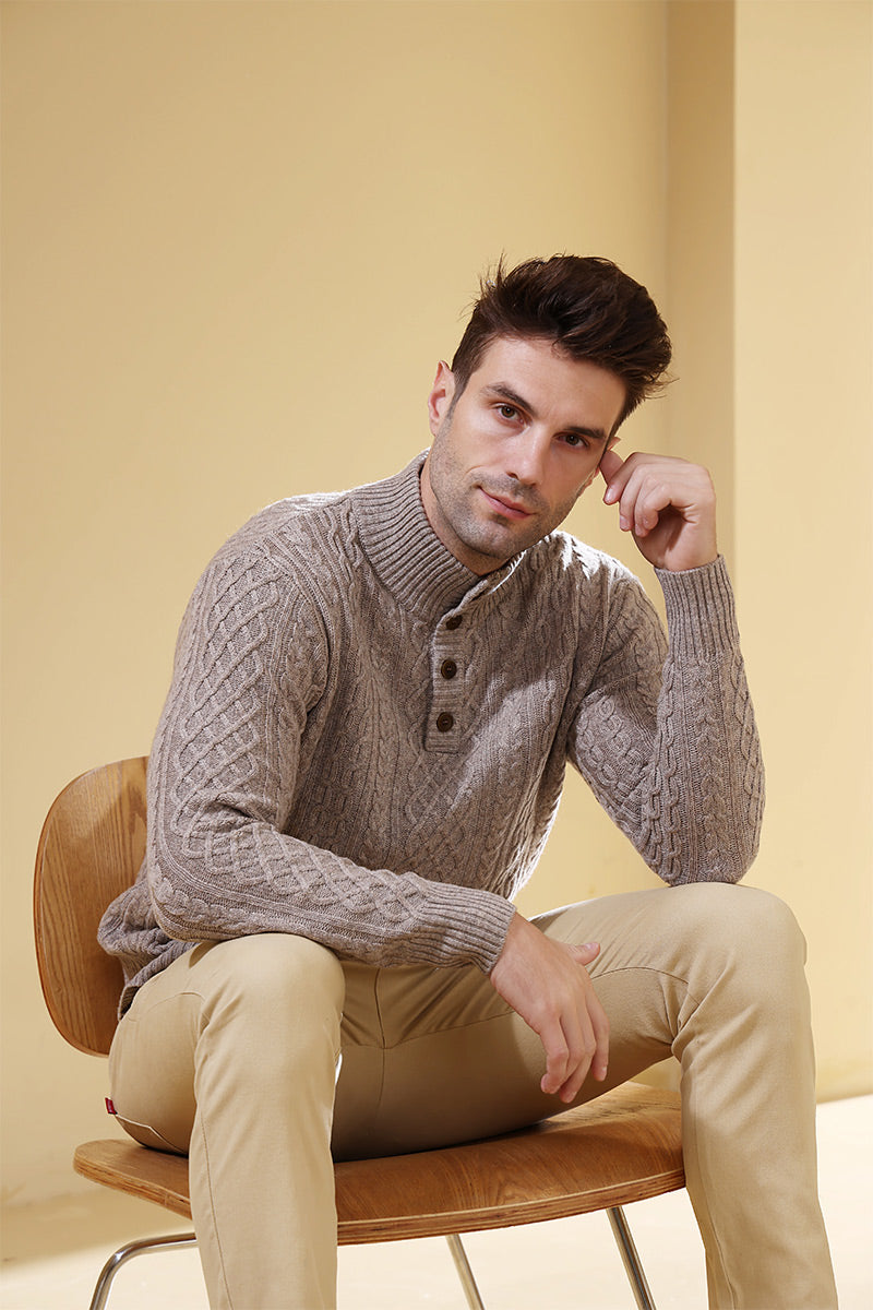 Luxury Mens Aran Knit Button Sweater Made with cashmere by Inis Aran Ireland#color_rice-flower