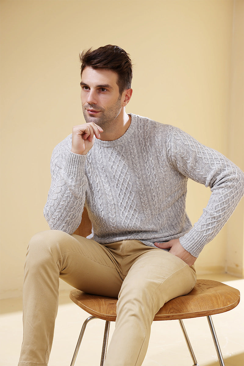 Luxury Mens Aran Sweater Made with Cashmere by Inis Aran Ireland#color_mineral-grey