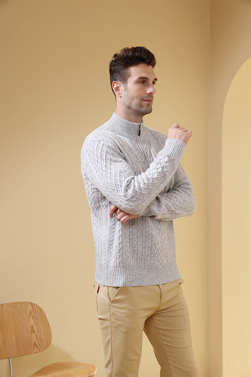 Luxury Aran Knit 1/4 Zip Sweater Made with Cashmere by Inis Aran Ireland#color_mineral-grey