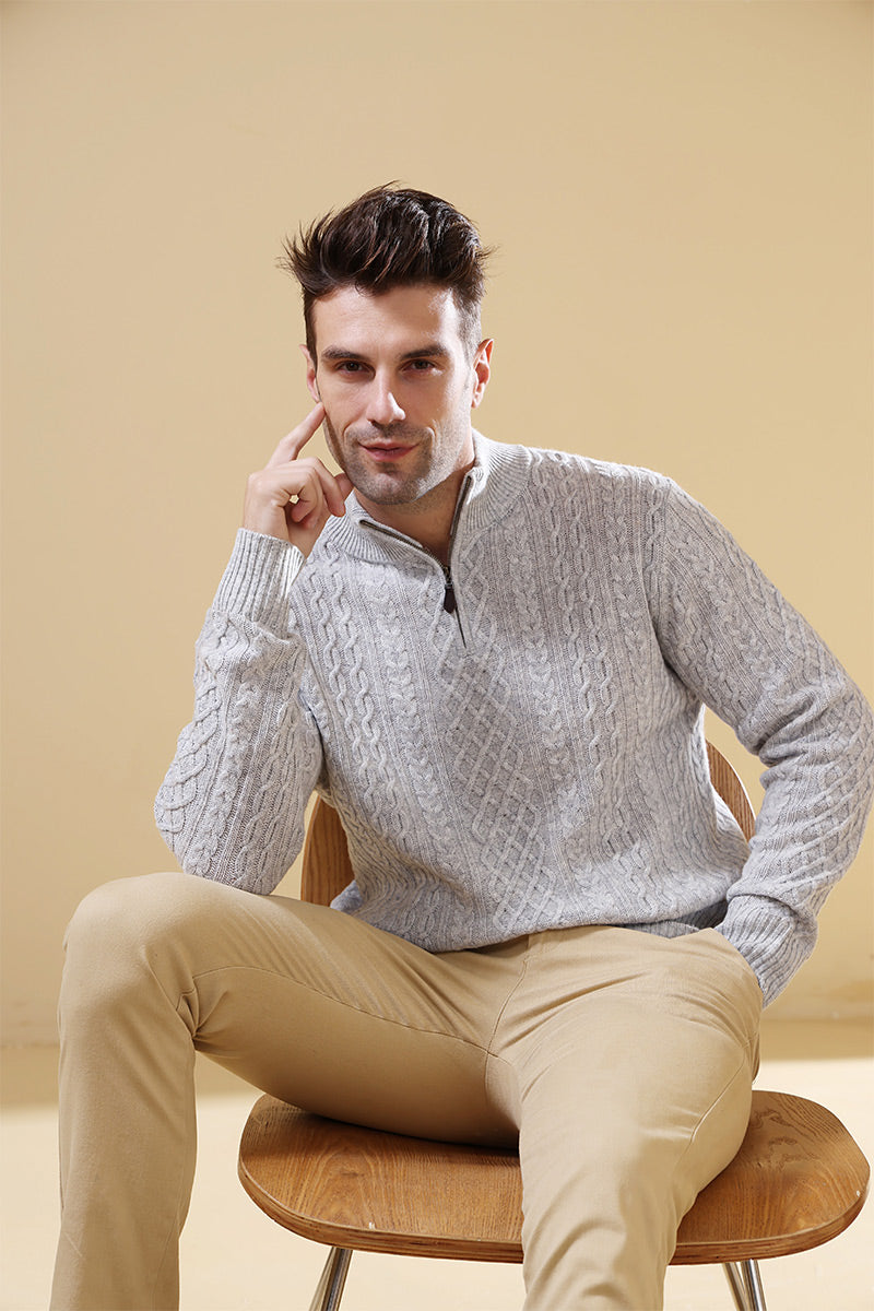 Luxury Aran Knit 1/4 Zip Sweater Made with Cashmere by Inis Aran Ireland#color_mineral-grey