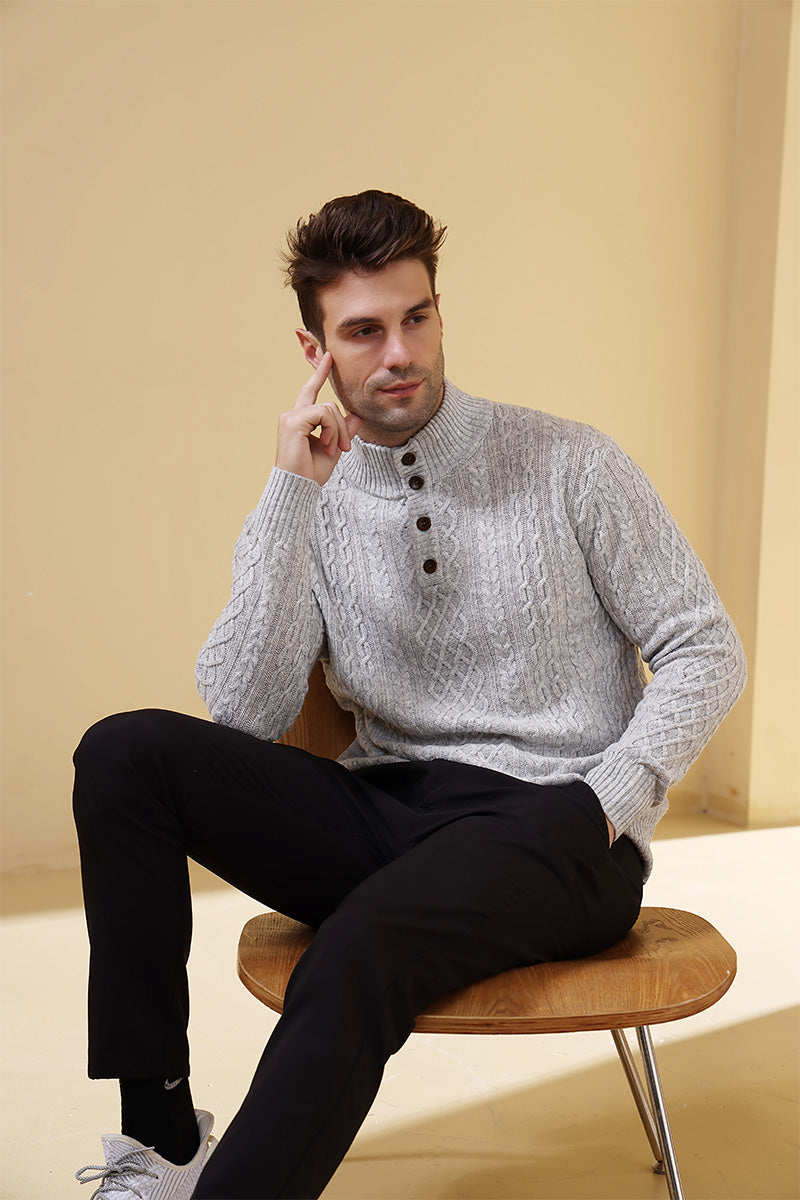 Luxury Mens Aran Knit Button Sweater Made with cashmere by Inis Aran Ireland#color_mineral-grey