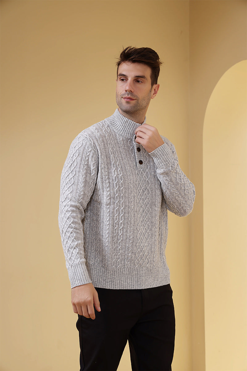 Luxury Mens Aran Knit Button Sweater Made with cashmere by Inis Aran Ireland#color_mineral-grey