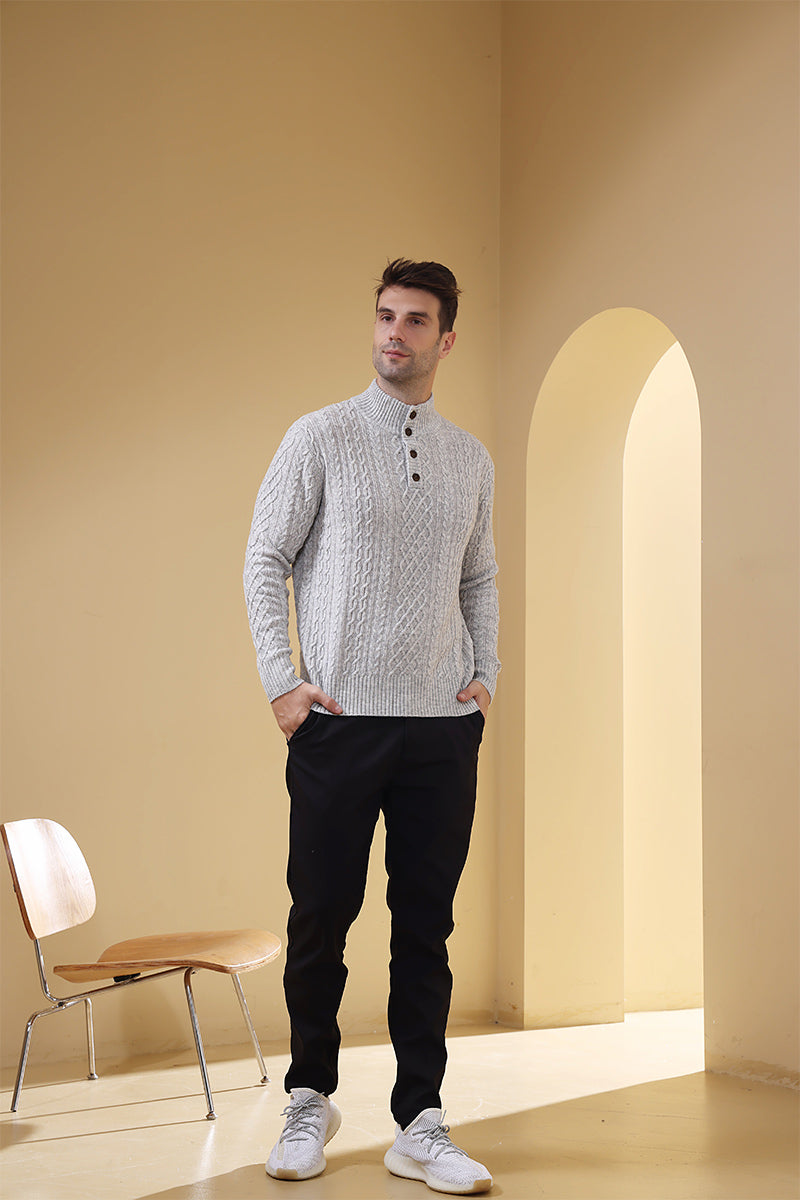 Luxury Mens Aran Knit Button Sweater Made with cashmere by Inis Aran Ireland#color_mineral-grey