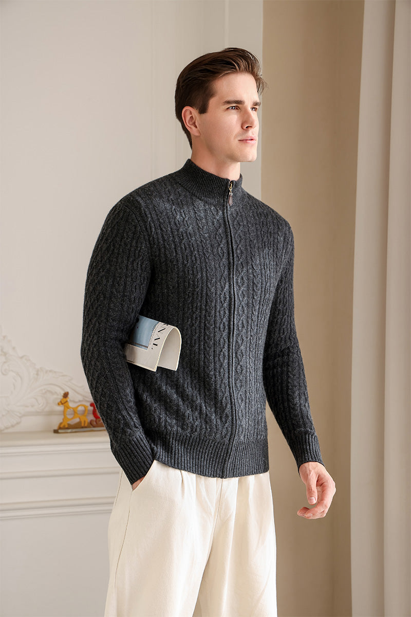 Mens Fionn cashmere Aran zip cardigan by inis aran#color_deep-grey