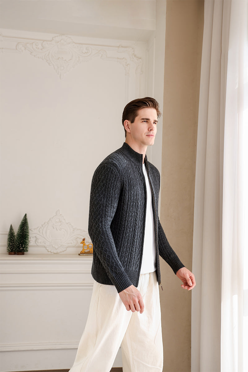 Mens Fionn cashmere Aran zip cardigan by inis aran#color_deep-grey