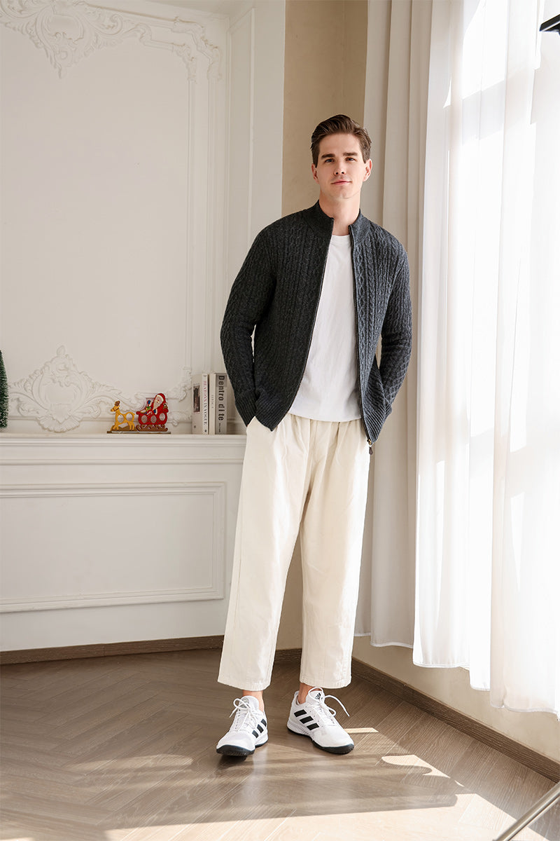 Mens Fionn cashmere Aran zip cardigan by inis aran#color_deep-grey