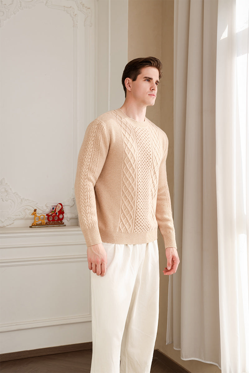 Mens Aran Knit Cable Sweater in Lambswool#color_sahara