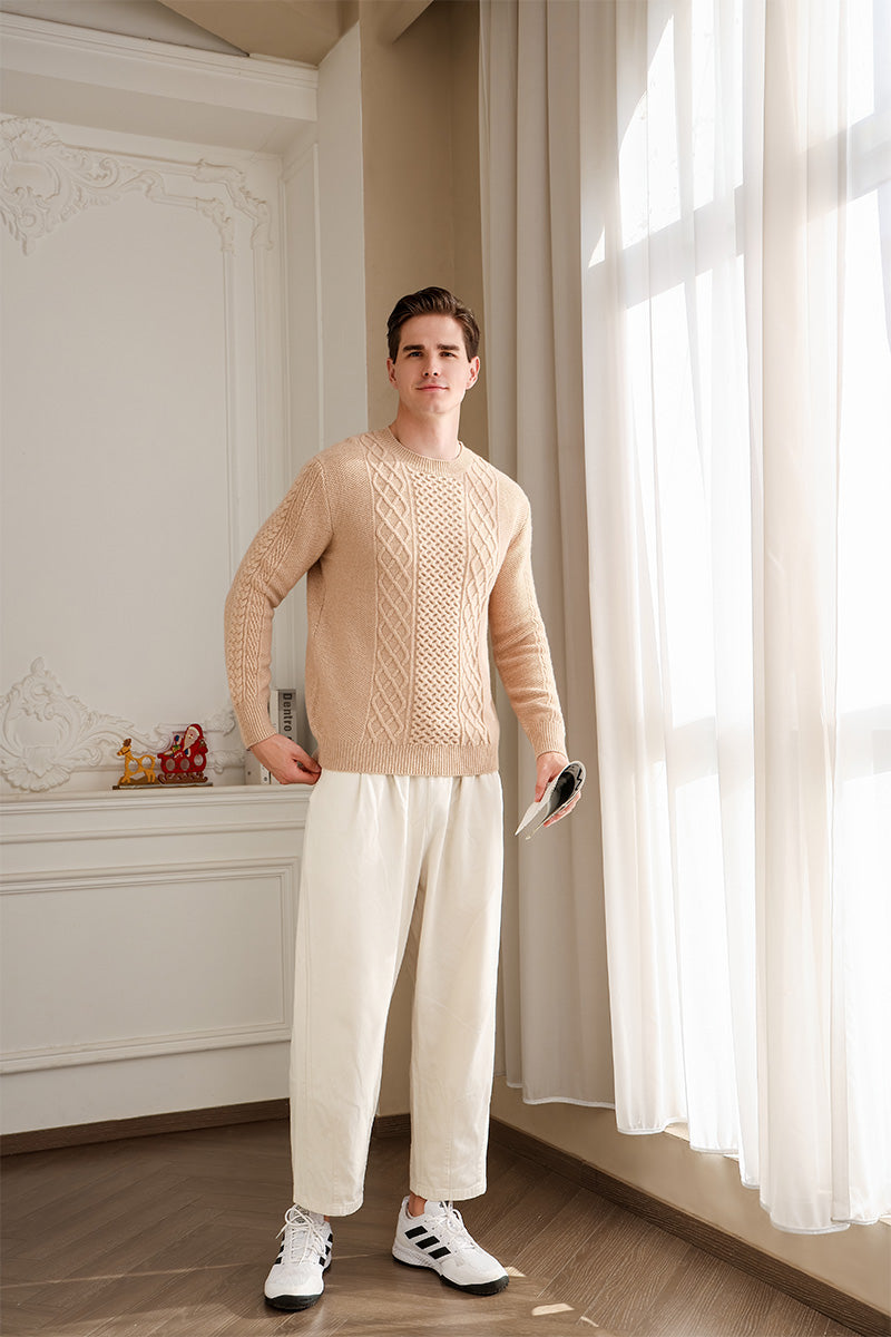 Mens Aran Knit Cable Sweater in Lambswool#color_sahara