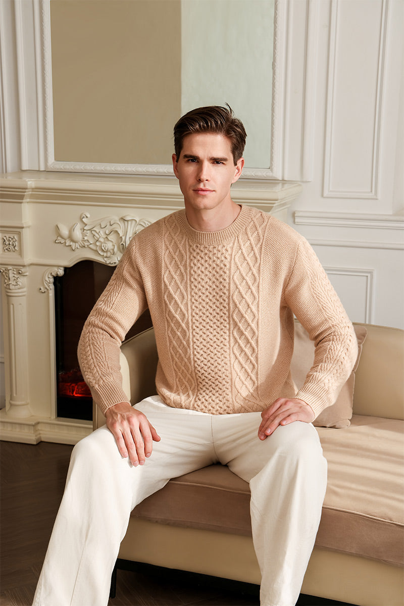 Mens Aran Knit Cable Sweater in Lambswool#color_sahara