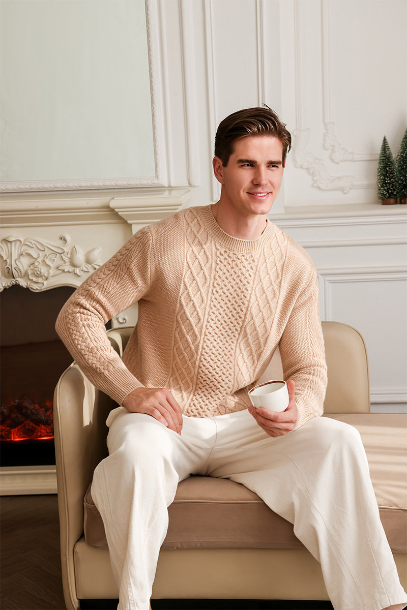 Mens Aran Knit Cable Sweater in Lambswool#color_sahara