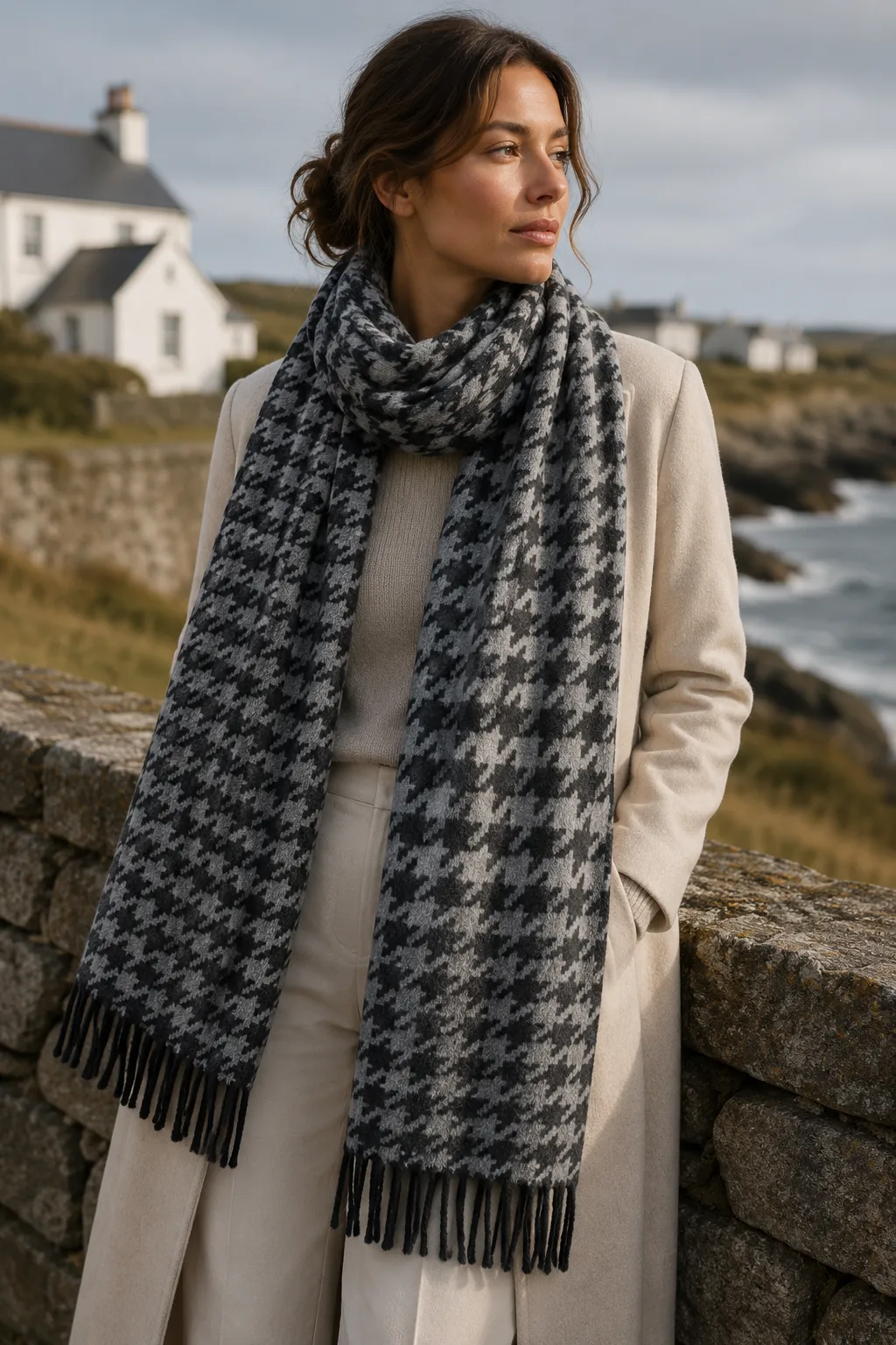 Inis Aran Grey Houndstooth Scarf in Charcoal – Modern 145g fringe scarf woven from soft lambswool with a fluid houndstooth transition