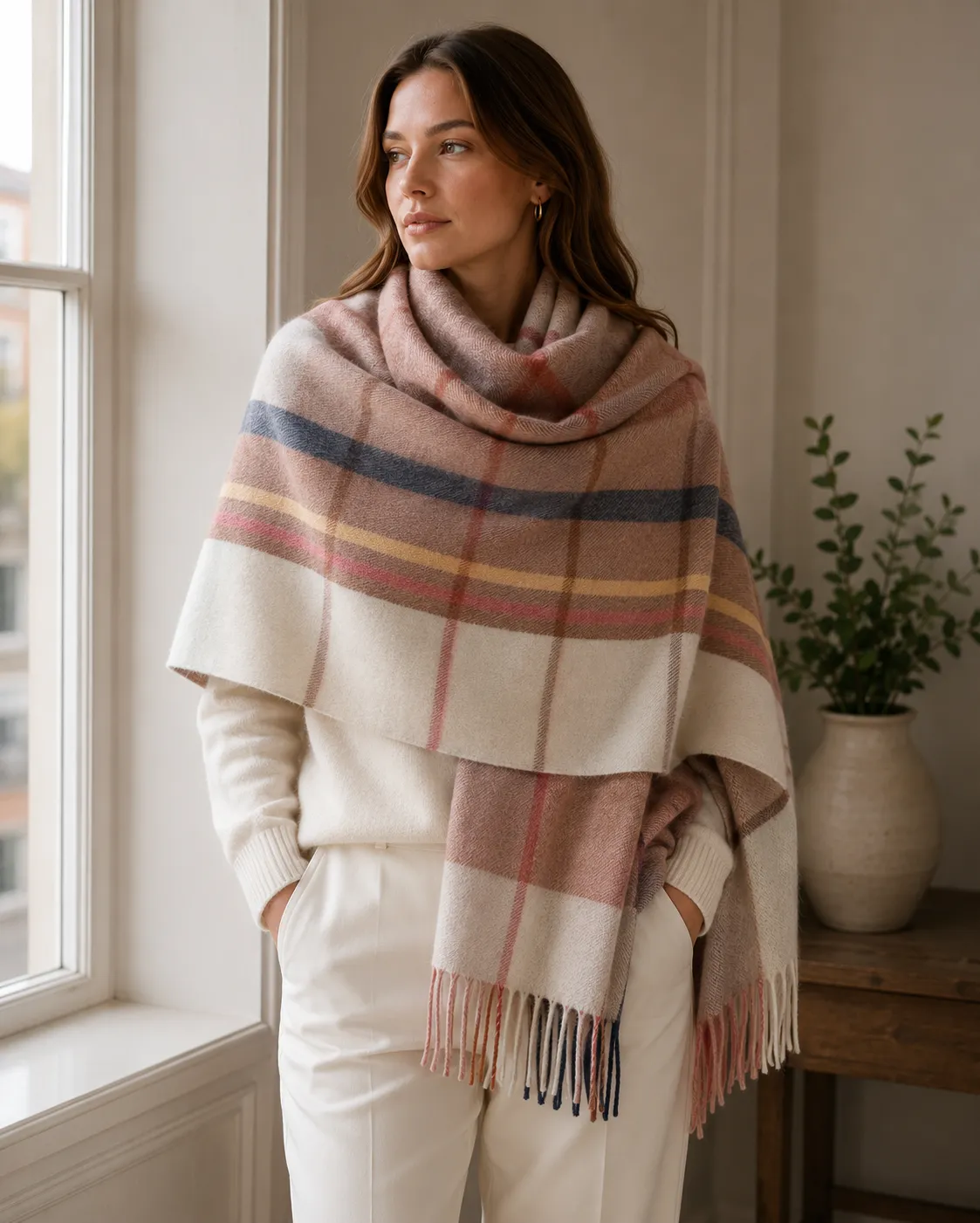 Inis Aran Westport Oversized Scarf – Silky 200cm x 70cm lambswool blanket wrap featuring a rich terracotta plaid design with twisted fringes.