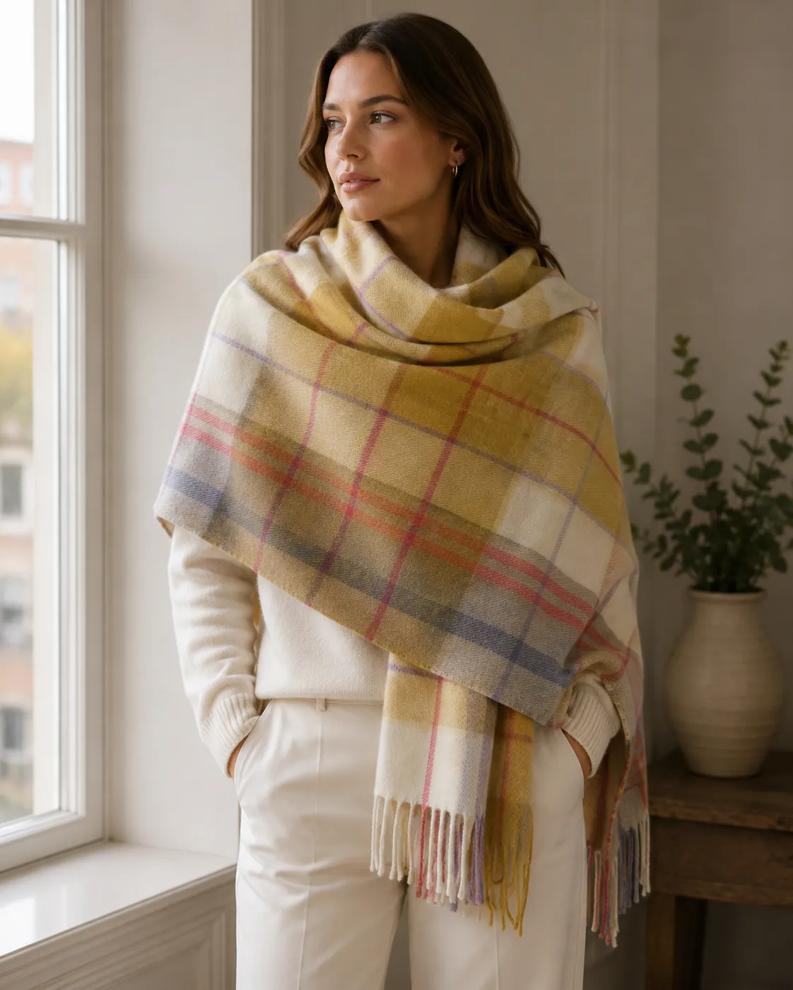 Inis Aran Killary Oversized Scarf – Silky 200cm x 70cm lambswool blanket wrap featuring a vibrant mustard yellow plaid design with twisted fringes.