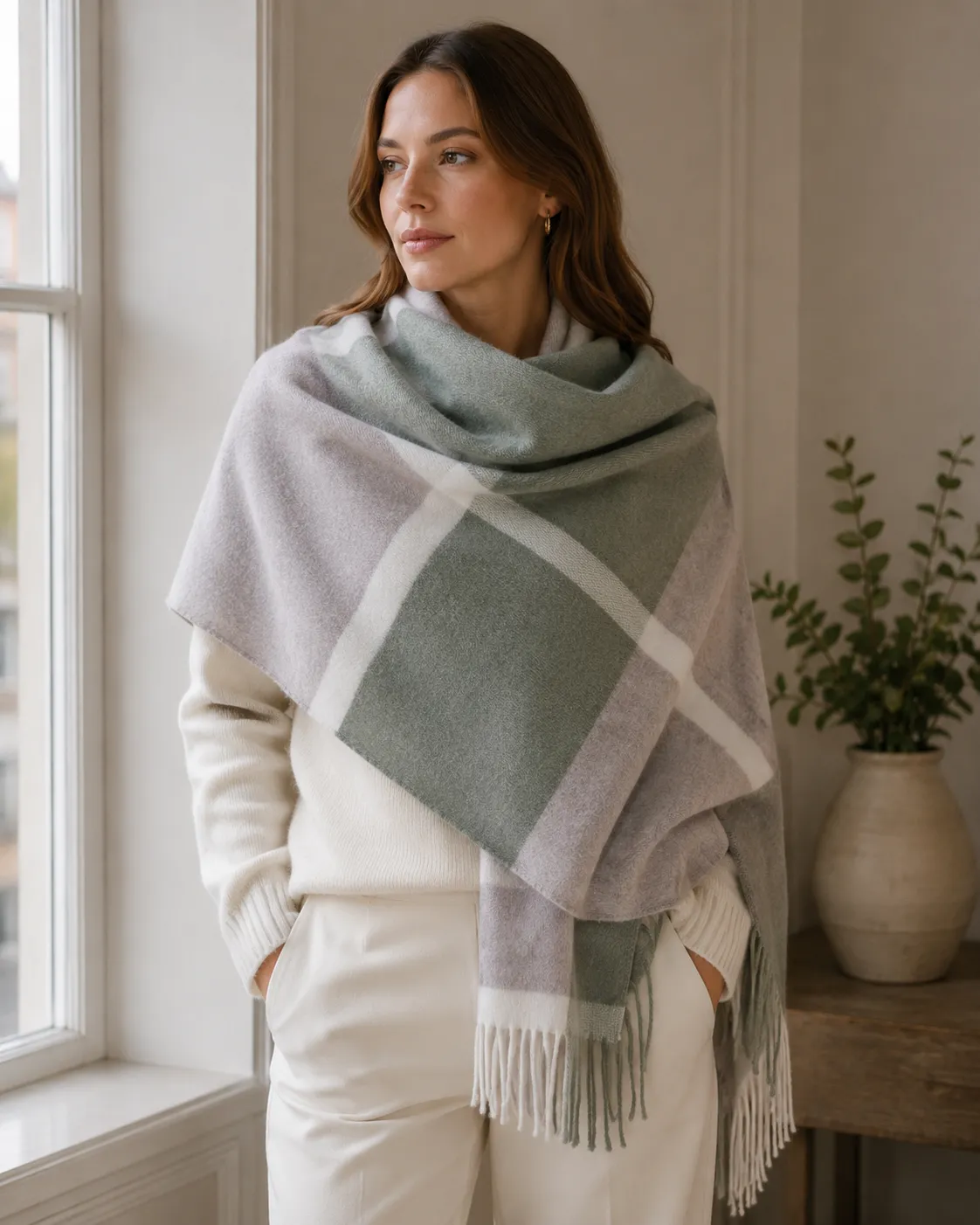 Inis Aran Burren Oversized Scarf – Silky 200cm x 70cm lambswool blanket wrap featuring a deep forest green plaid design with twisted fringes.