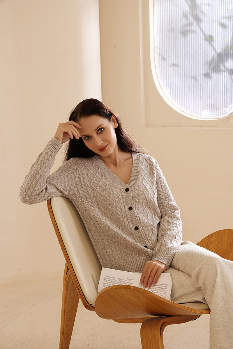Ladies Luxury Aran Cable Knit V Neck Button Cardigan Made with cashmere by Inis Aran Ireland#color_seoul-beige