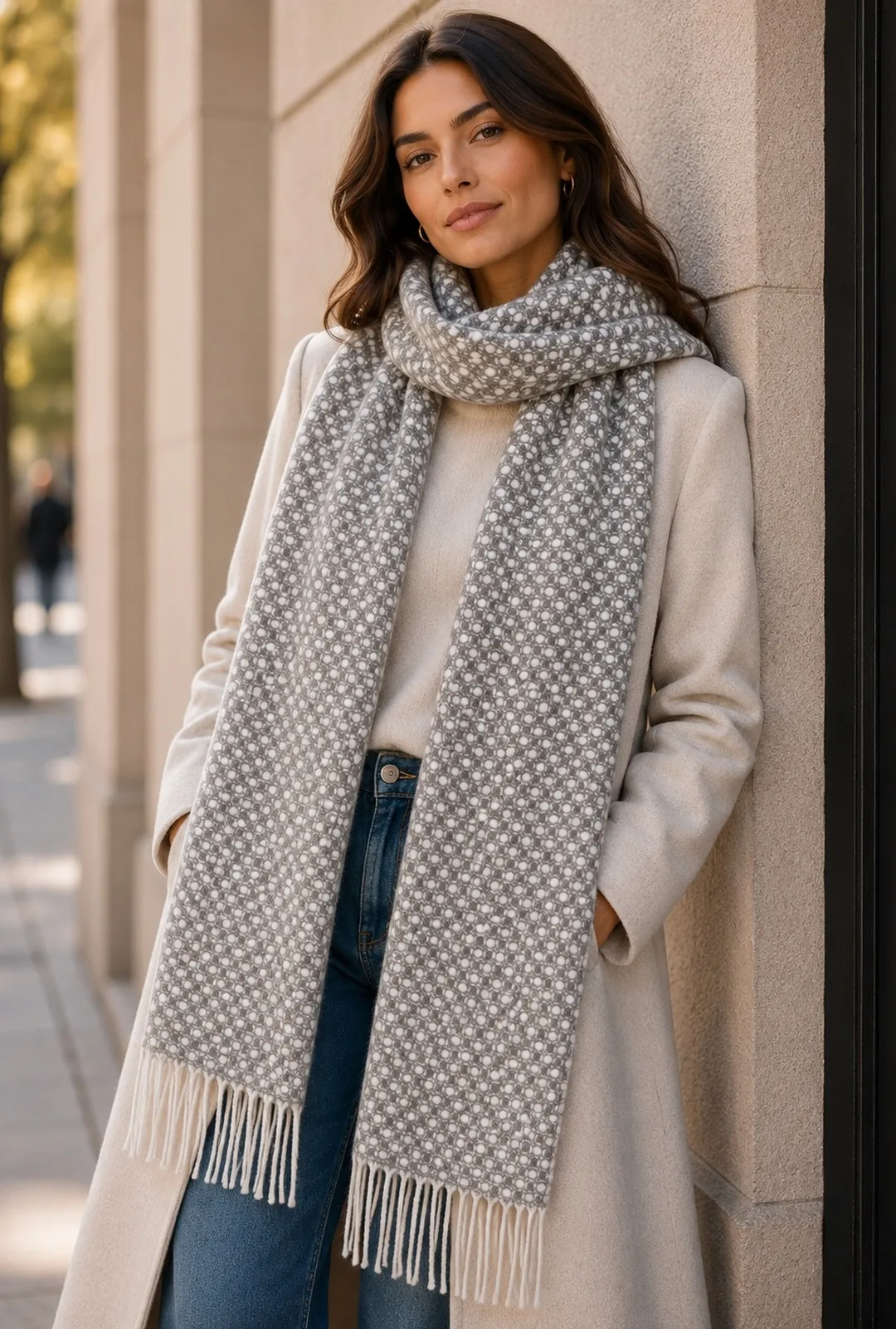 Inis Aran Barcelona Scarf in Beige – Feather-light 125g fringe scarf in a micro-geometric beige and slate mosaic weave
