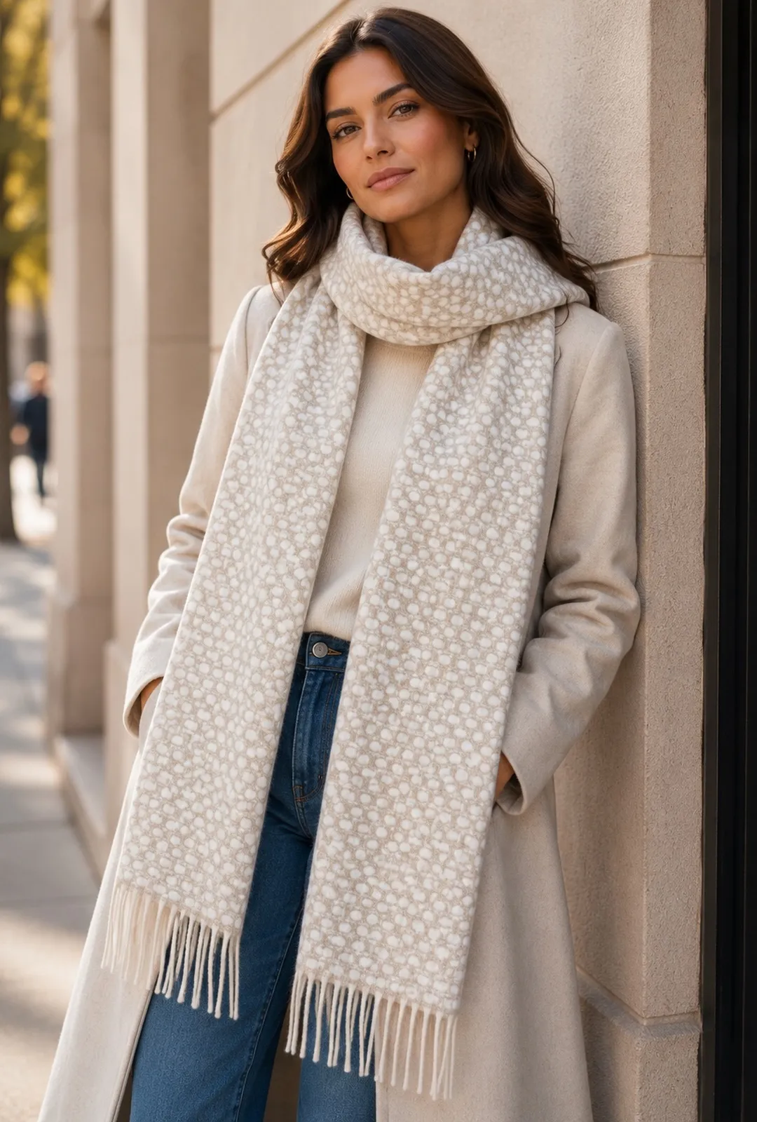 Inis Aran Tokyo Scarf in Cream – Feather-light 125g fringe scarf in a micro-geometric cream and grey mosaic weave.
