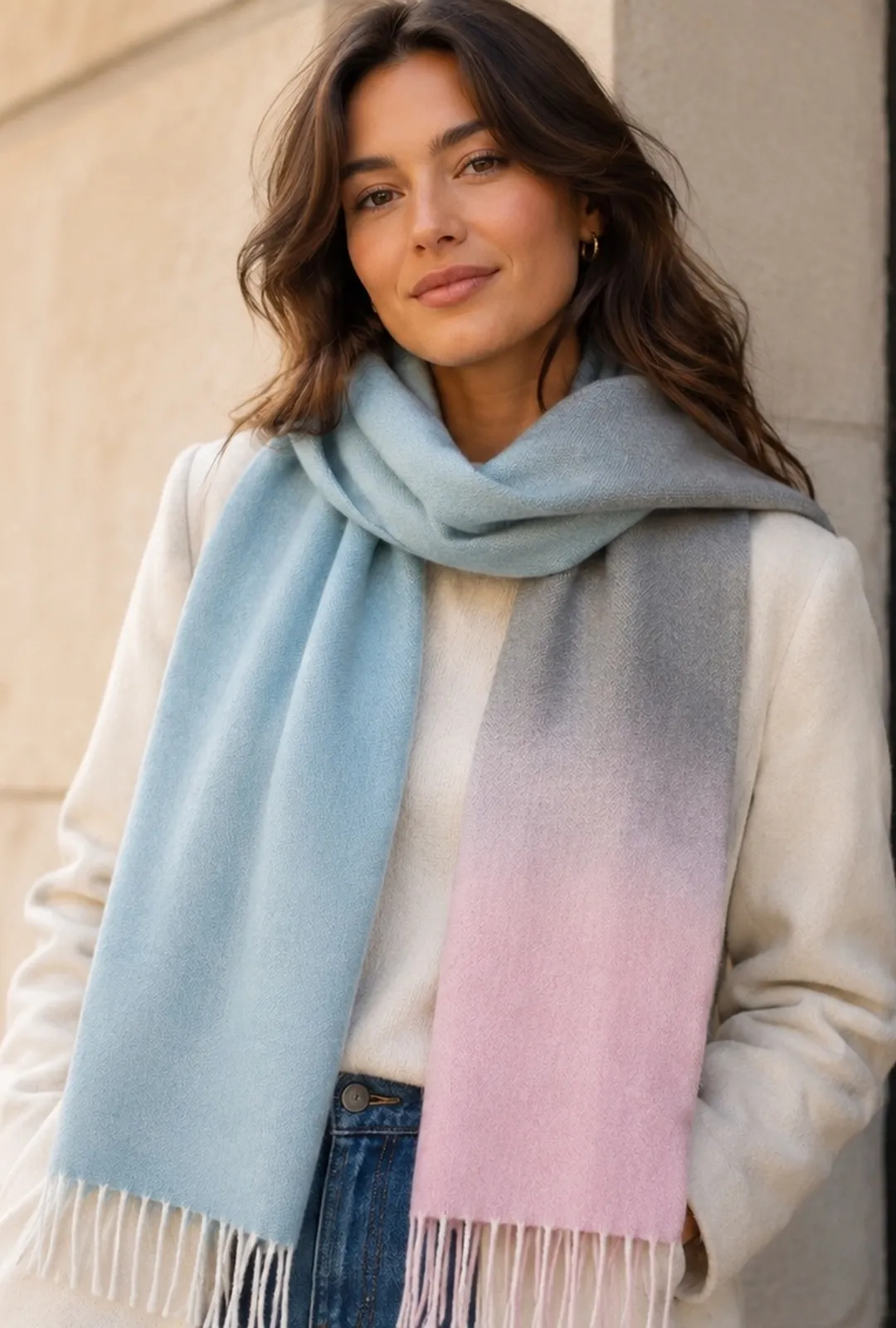 Inis Aran Candy Ripple Scarf. 160g fringe scarf woven from soft Merino lambswool with a harmonious ombré gradient in light grey blue and pink