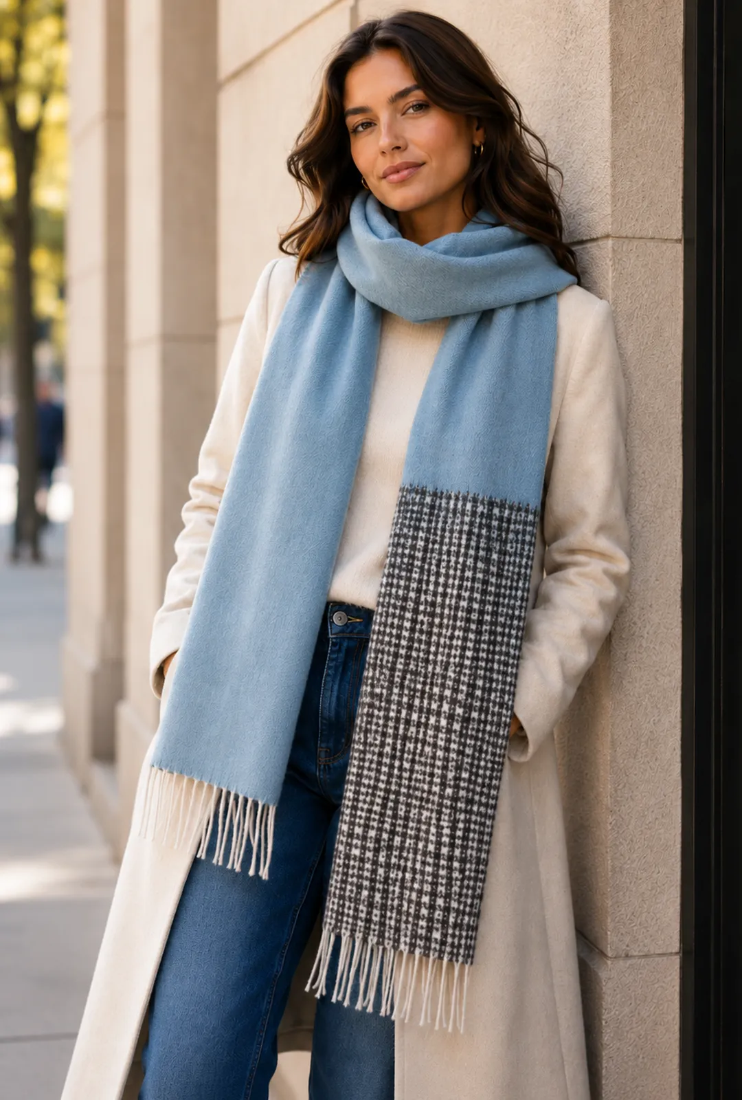 Coffee Blue Wavy Gradient Check Scarf